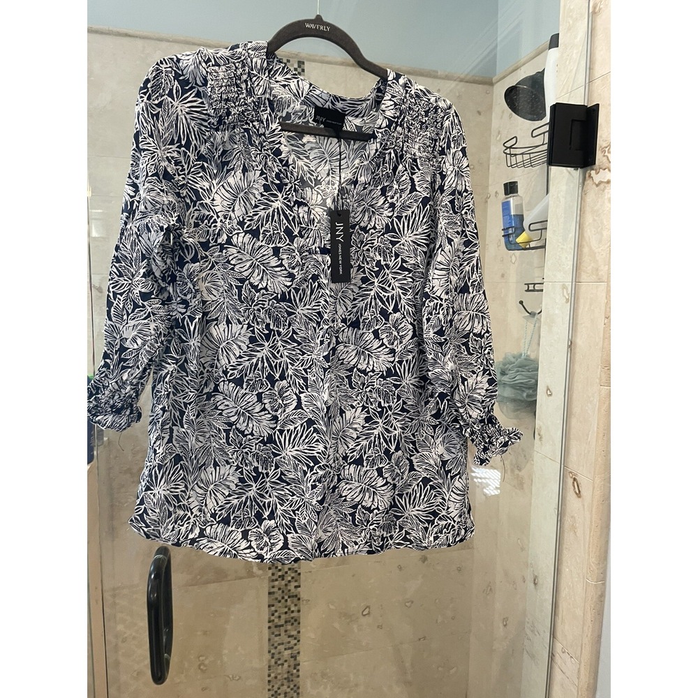 Jones New York Women Smocked Floral Blouse Navy White XL Rayon Long Sleeve
